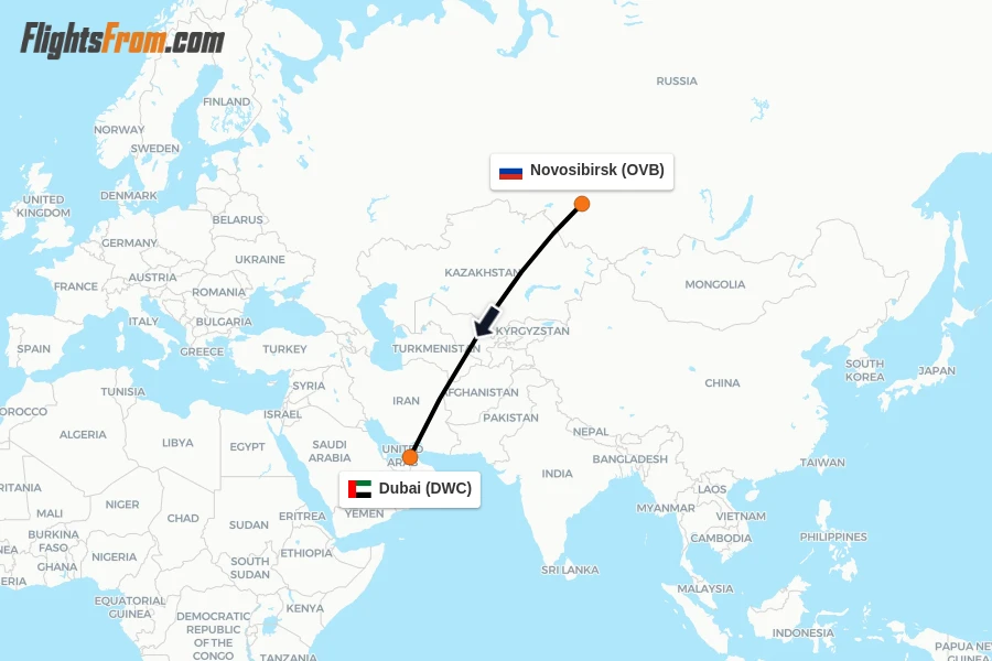 Flights from Novosibirsk to Dubai route map