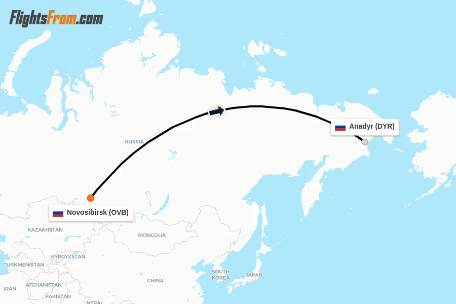 Flights from Novosibirsk to Anadyr route map