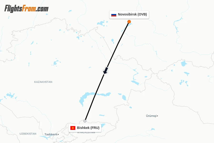 Flights from Novosibirsk to Bishkek route map