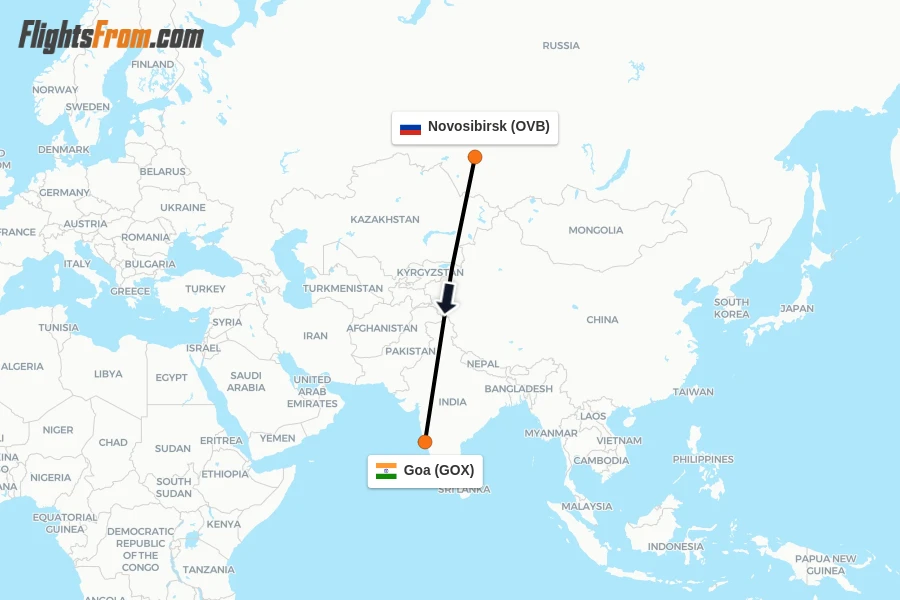 Flights from Novosibirsk to Goa route map