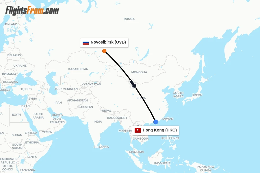 Flights from Novosibirsk to Hong Kong route map