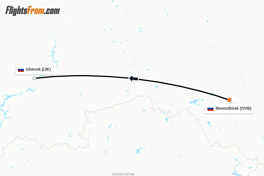 Flights from Novosibirsk to Izhevsk route map