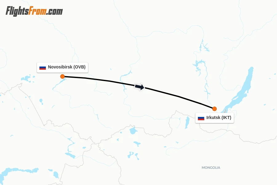Flights from Novosibirsk to Irkutsk route map