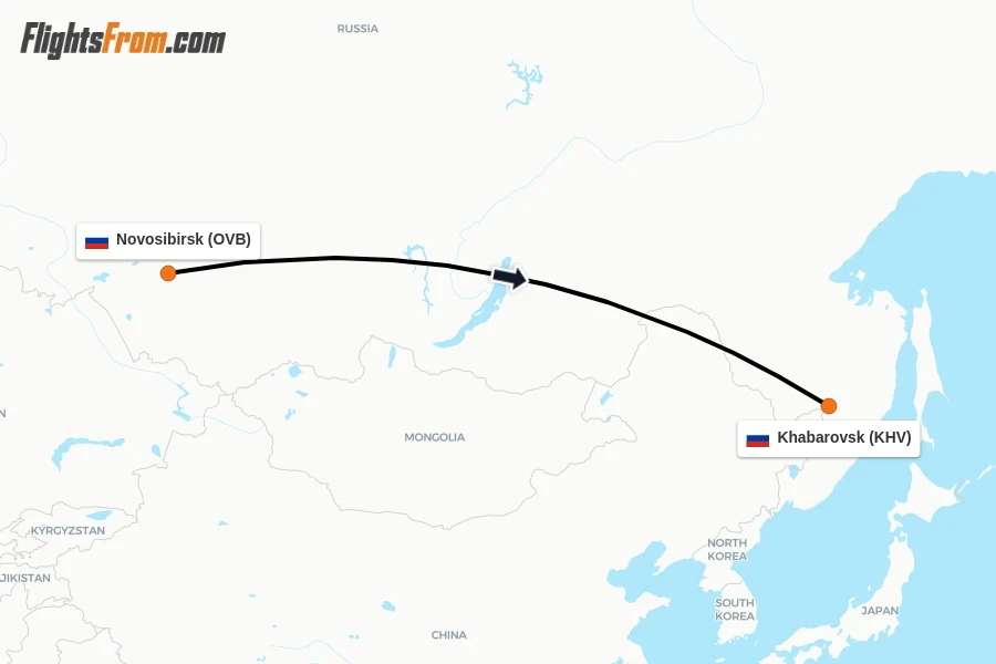 Flights from Novosibirsk to Khabarovsk route map