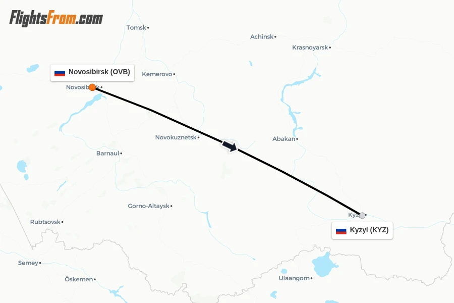 Flights from Novosibirsk to Kyzyl route map