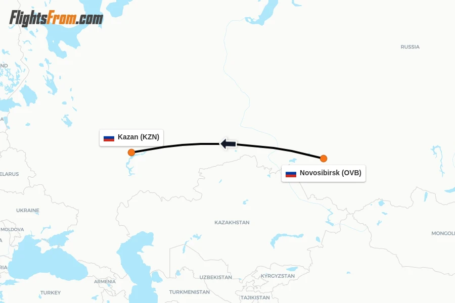 Flights from Novosibirsk to Kazan route map