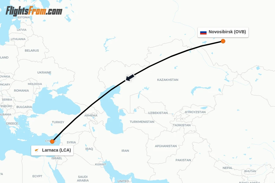 Flights from Novosibirsk to Larnaca route map