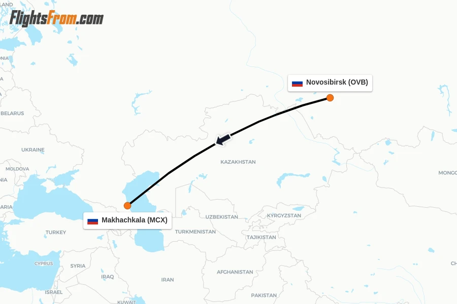Flights from Novosibirsk to Makhachkala route map