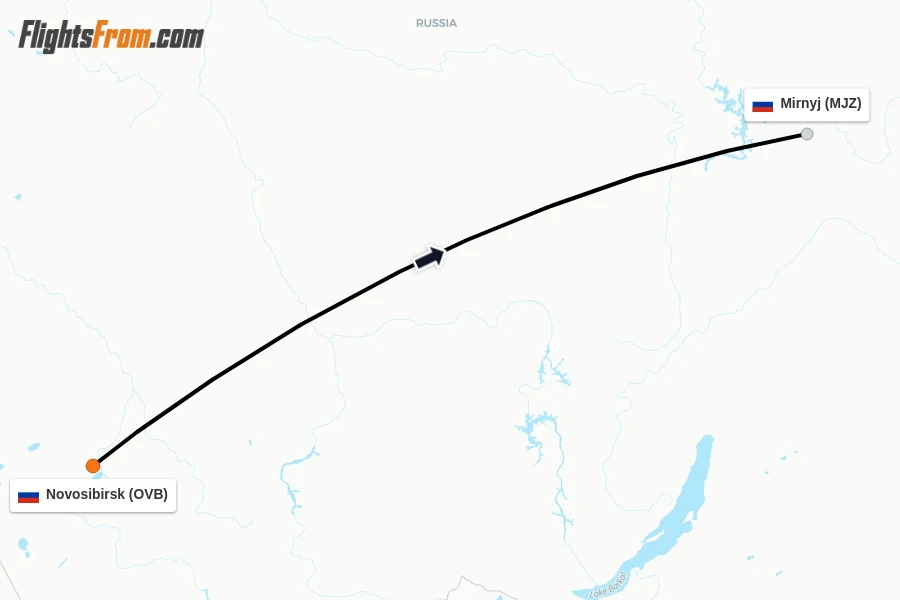 Flights from Novosibirsk to Mirnyj route map