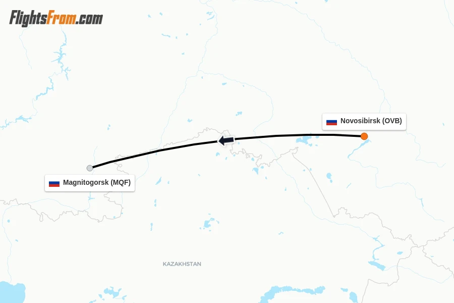 Flights from Novosibirsk to Magnitogorsk route map