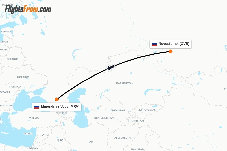 Flights from Novosibirsk to Mineralnye Vody route map
