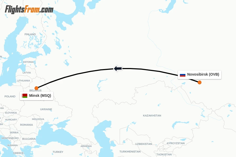 Flights from Novosibirsk to Minsk route map