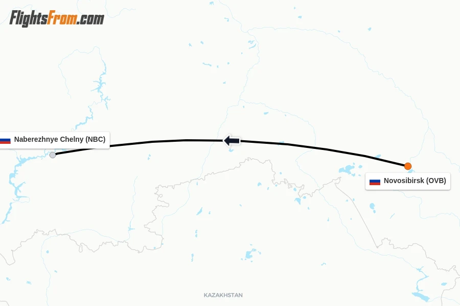 Flights from Novosibirsk to Naberezhnye Chelny route map