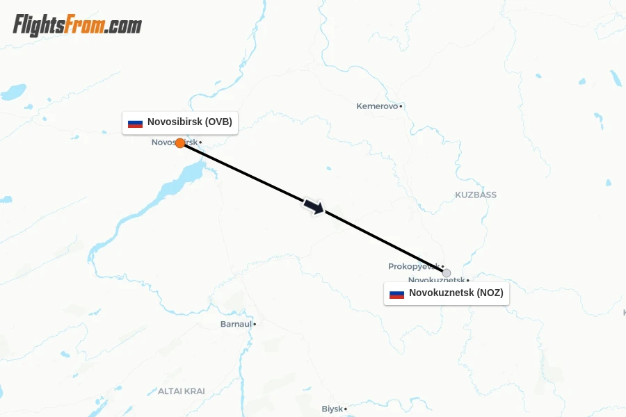 Flights from Novosibirsk to Novokuznetsk route map