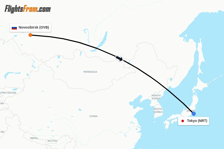 Flights from Novosibirsk to Tokyo route map