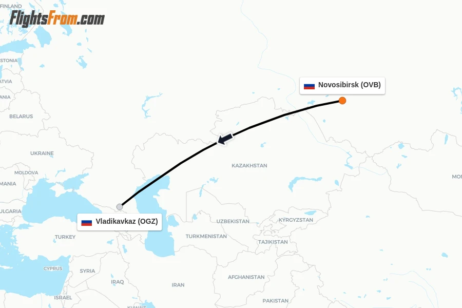Flights from Novosibirsk to Vladikavkaz route map
