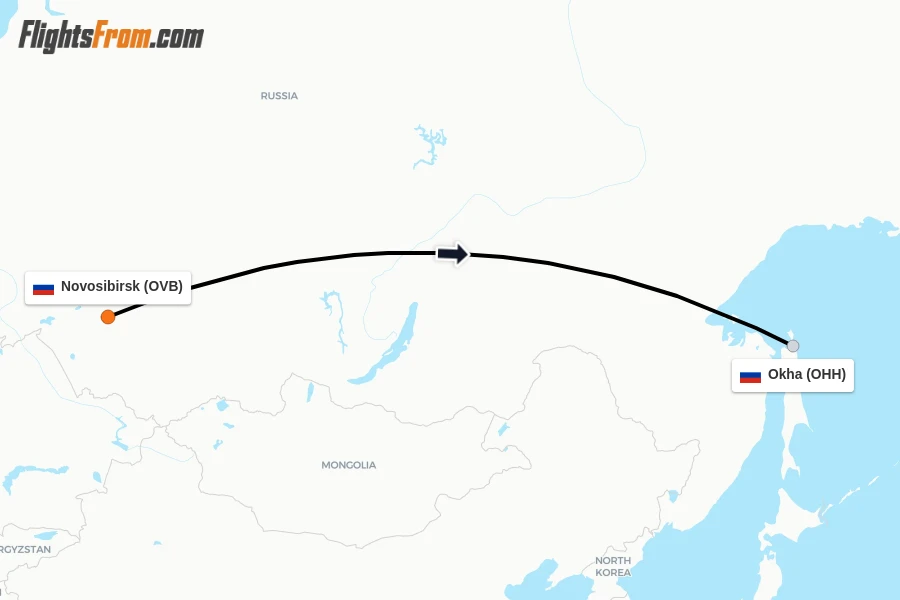 Flights from Novosibirsk to Okha route map