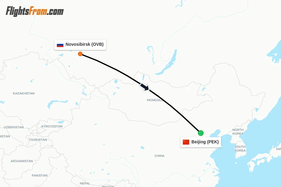 Flights from Novosibirsk to Beijing route map