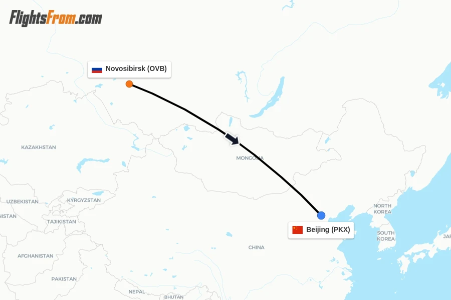 Flights from Novosibirsk to Beijing route map