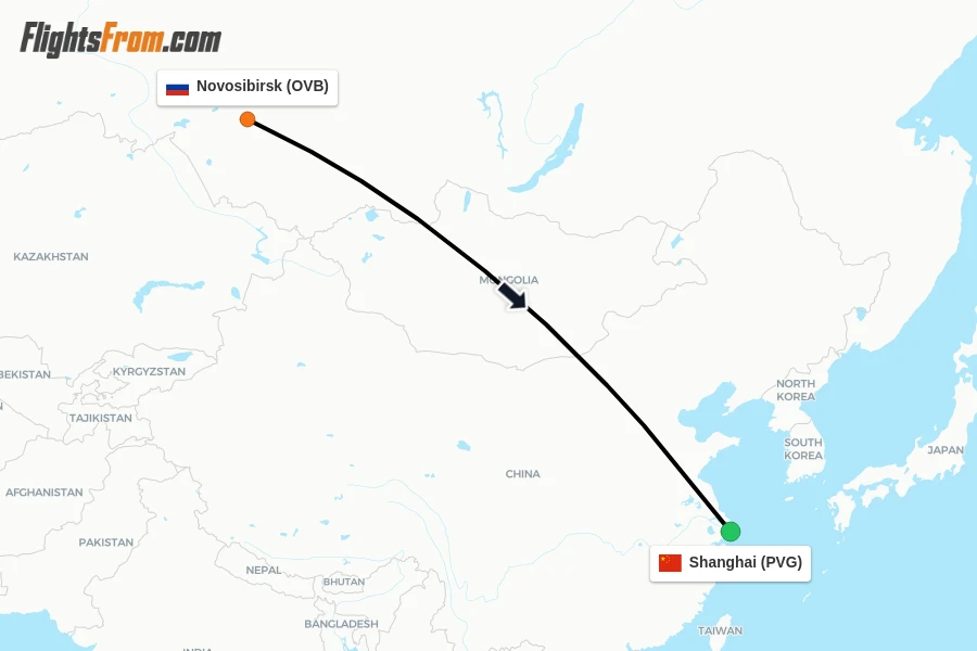 Flights from Novosibirsk to Shanghai route map