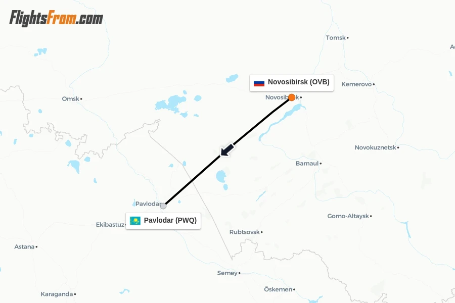 Flights from Novosibirsk to Pavlodar route map