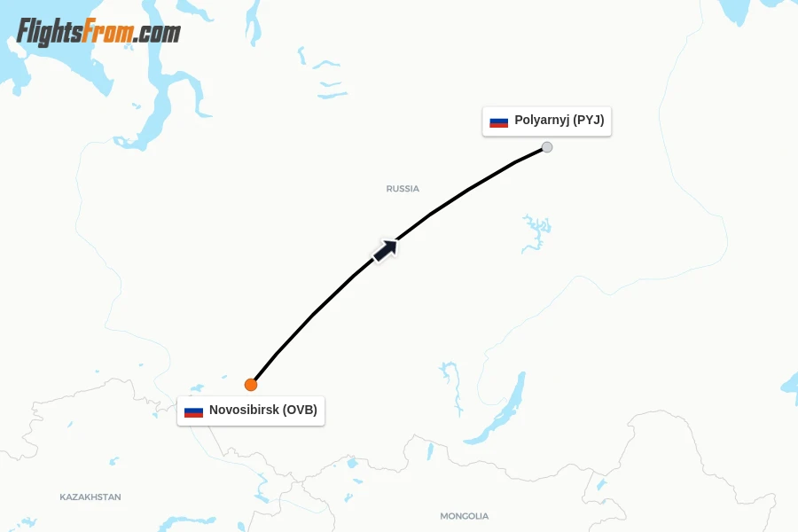 Flights from Novosibirsk to Polyarnyj route map