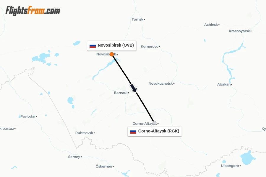 Flights from Novosibirsk to Gorno-Altaysk route map