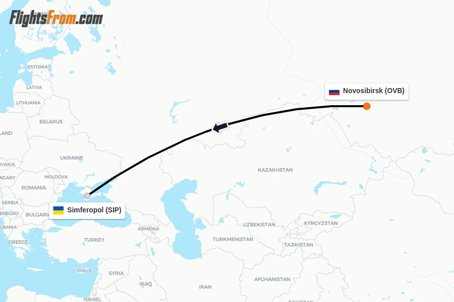 Flights from Novosibirsk to Simferopol route map