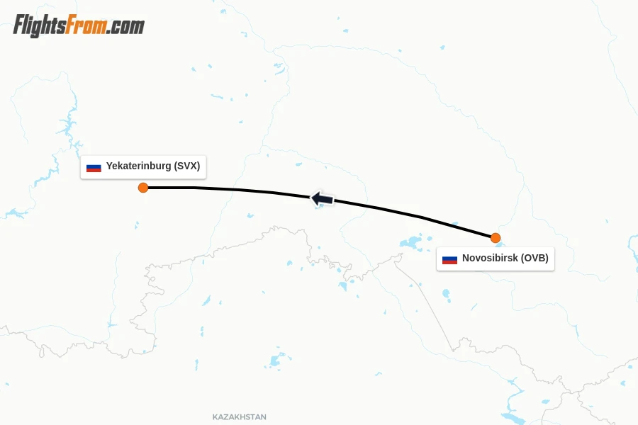 Flights from Novosibirsk to Yekaterinburg route map