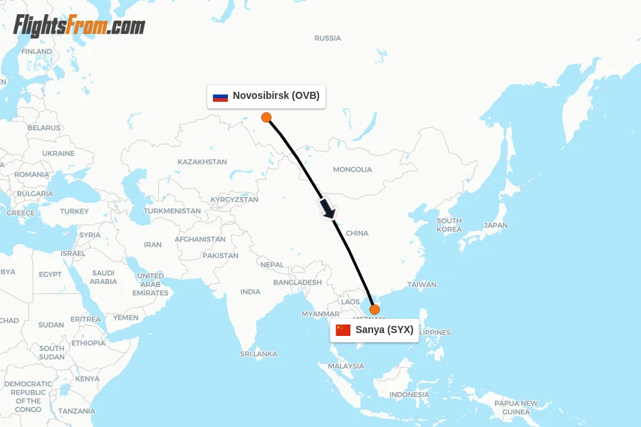 Flights from Novosibirsk to Sanya route map