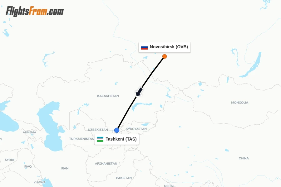 Flights from Novosibirsk to Tashkent route map