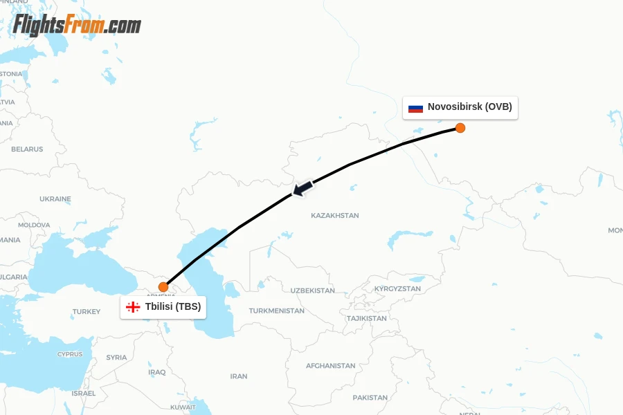 Flights from Novosibirsk to Tbilisi route map