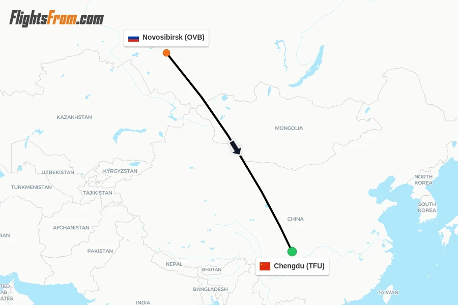 Flights from Novosibirsk to Chengdu route map