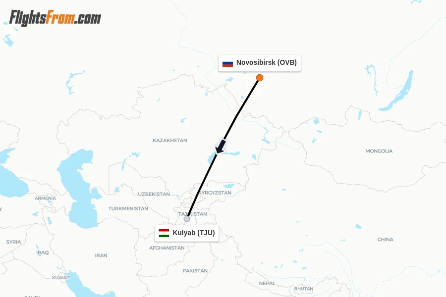 Flights from Novosibirsk to Kulyab route map