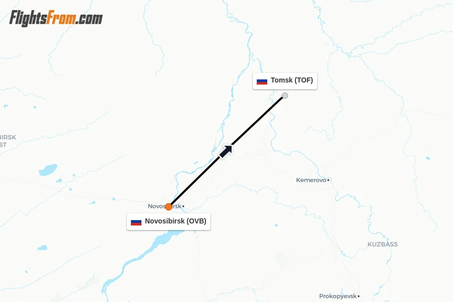 Flights from Novosibirsk to Tomsk route map