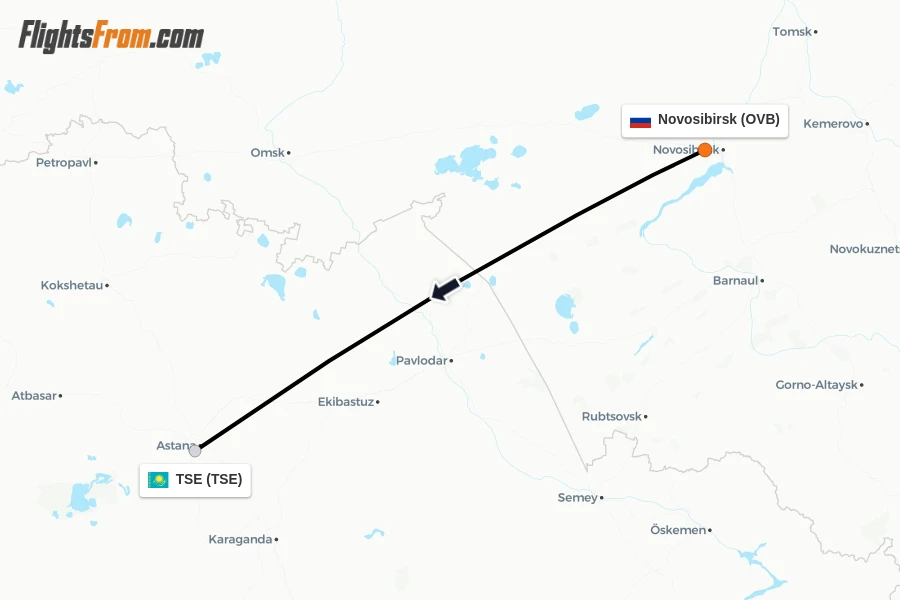 Flights from Novosibirsk to TSE route map