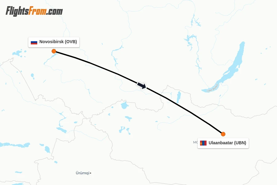 Flights from Novosibirsk to Ulaanbaatar route map