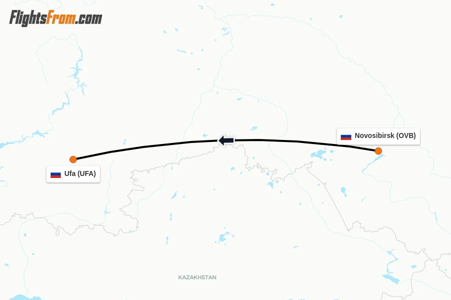 Flights from Novosibirsk to Ufa route map