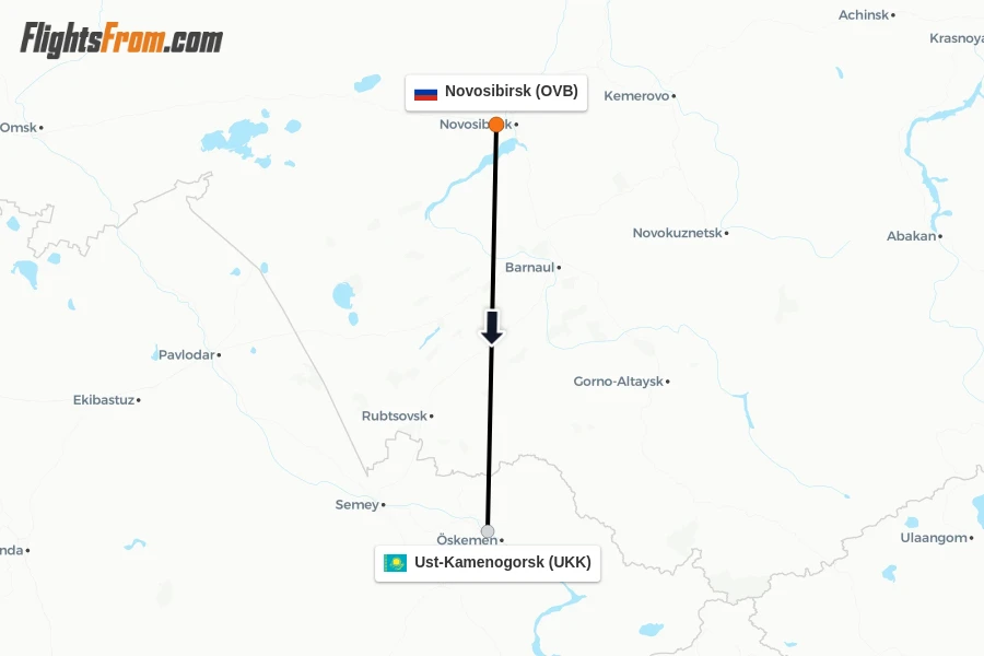 Flights from Novosibirsk to Ust-Kamenogorsk route map