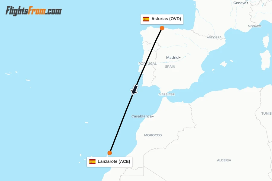 Flights from Asturias to Lanzarote route map