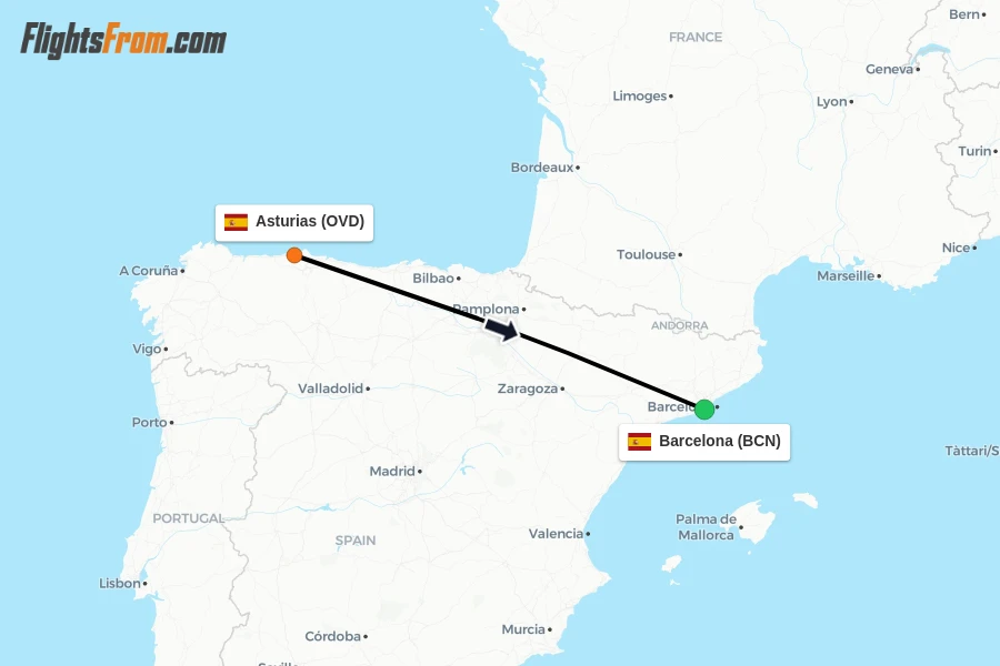 Flights from Asturias to Barcelona route map