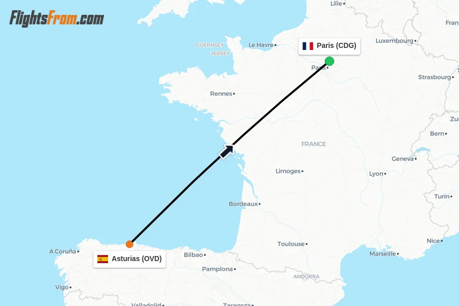 Flights from Asturias to Paris route map