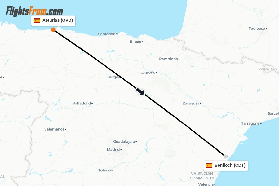 Flights from Asturias to Benlloch route map