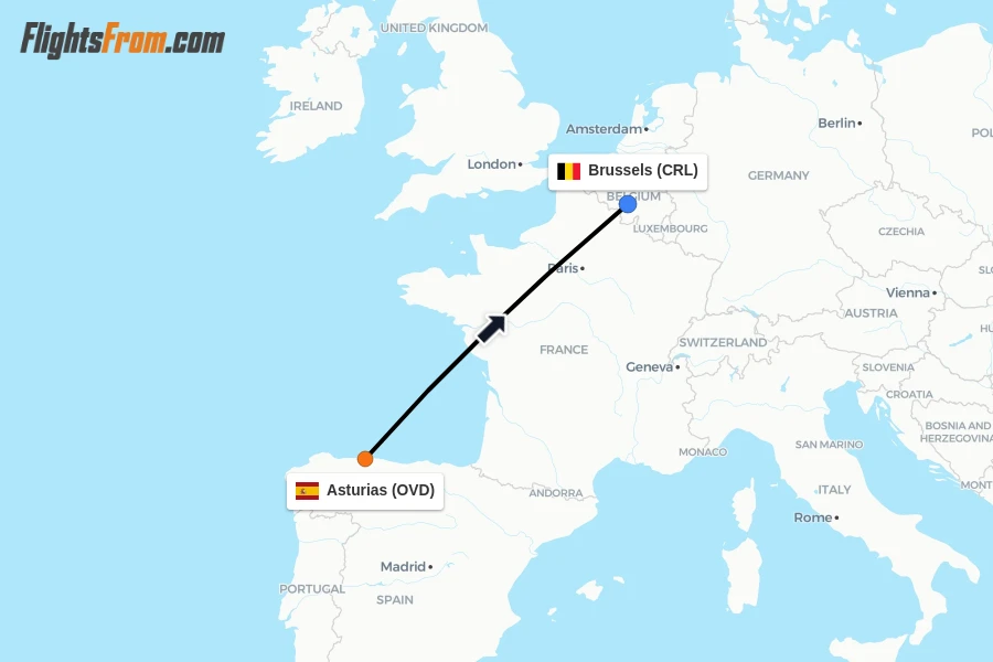 Flights from Asturias to Brussels route map