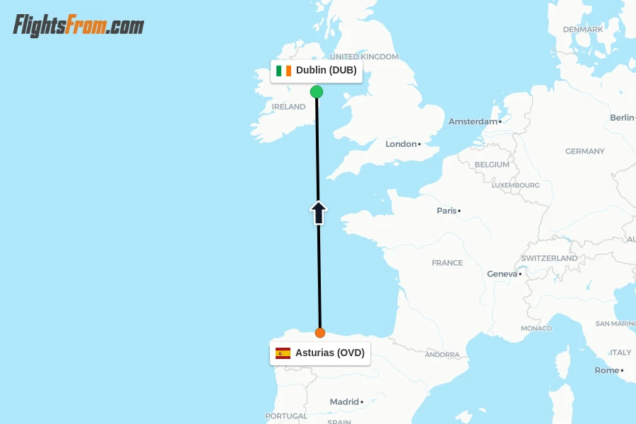 Flights from Asturias to Dublin route map