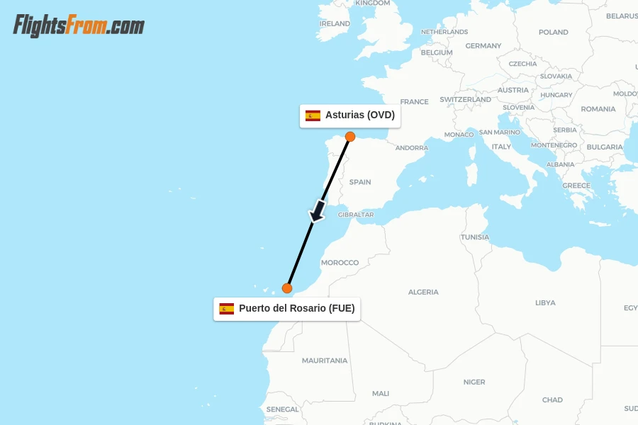 Flights from Asturias to Puerto del Rosario route map