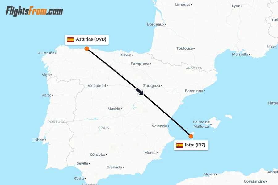 Flights from Asturias to Ibiza route map