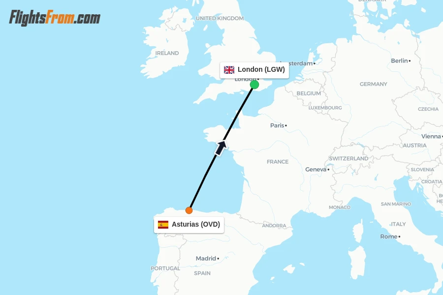 Flights from Asturias to London route map