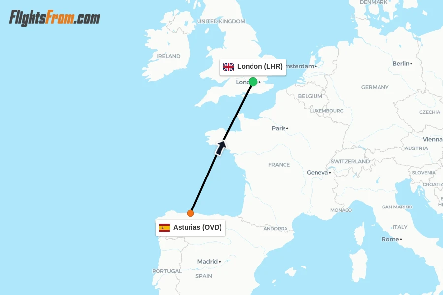 Flights from Asturias to London route map