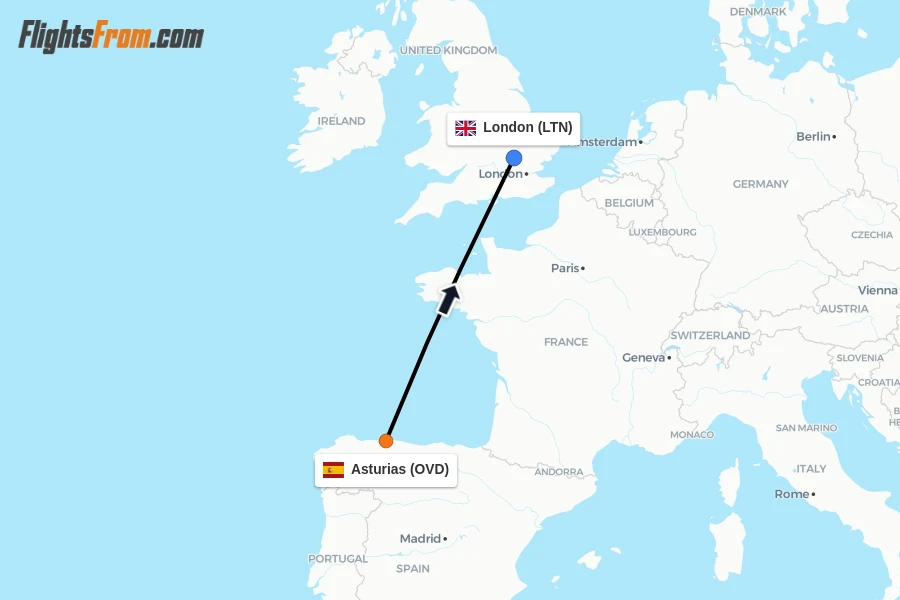 Flights from Asturias to London route map